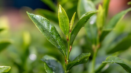 Obraz premium Fresh tea leaves glistening with morning dew, showcasing vibrant green hues in soft natural light.