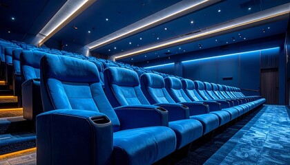 Obraz premium A modern cinema with plush blue seats and dim lighting—evoking anticipation, immersion, and collective stillness. A minimalist metaphor for shared experience and the choreography of suspended reality.