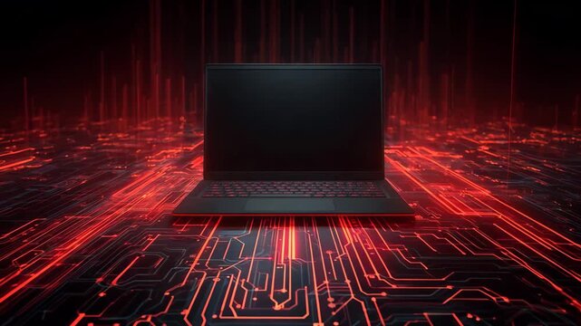 laptop with glowing red cyber circuits