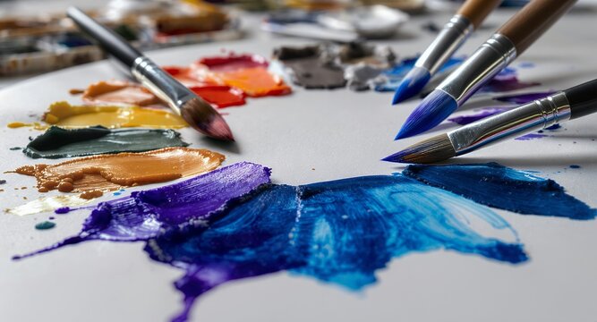 Paints, brushes, art supplies, colorful palette, creative studio, painting tools, artists workspace, vibrant colors, texture, close-up view, abstract background, design element, visual arts, hobb