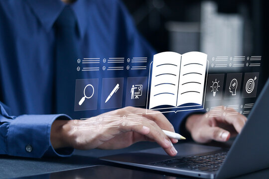 AI in E-learning platform concept. online education, webinars, scheduling, distance learning via video tutorials and recorded classes. Businessman use laptop with virtual icon.