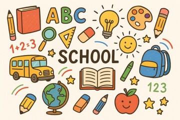 Hand-drawn school supplies and educational doodles creating playful learning environment for educational content and child development themes