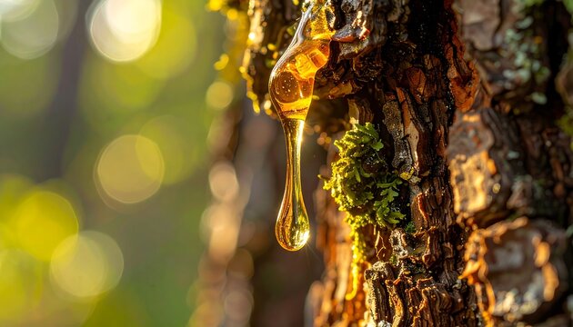 Resin dripping from tree bark in sunlight - Powered by Adobe
