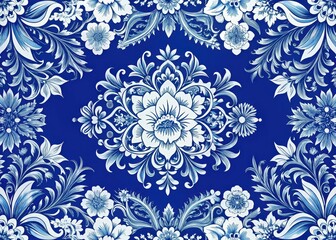 Fototapeta premium Blue and White Floral Damask Pattern with intricate floral motifs