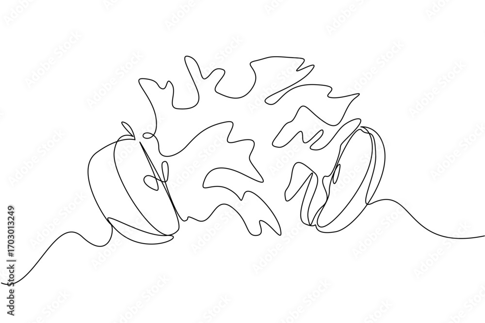 Poster single continuous line drawing apple cut in half and splash juice comes out of the bottom. drink app