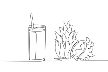 Single one line drawing glass of dragon fruit juice with straw in the glass. The pleasure is equal when juiced or eaten directly. National Juice Slush Day. Continuous line design graphic illustration