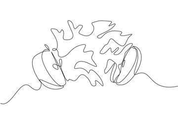 Single continuous line drawing apple cut in half and splash juice comes out of the bottom. Drink apple juice. Increase bone strength. Healthy drinks. Juice Splash. One line design vector illustration