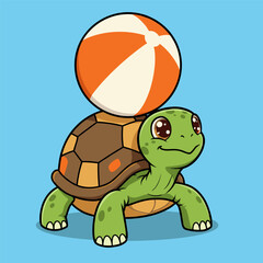 A friendly green turtle balances an orange and white beach ball on its shell, set against a light blue background.