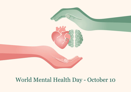 vector illustration of hands exchanging a heart with a brain inside for a World Mental Health Day concept of giving and receiving mental health support and empathy.