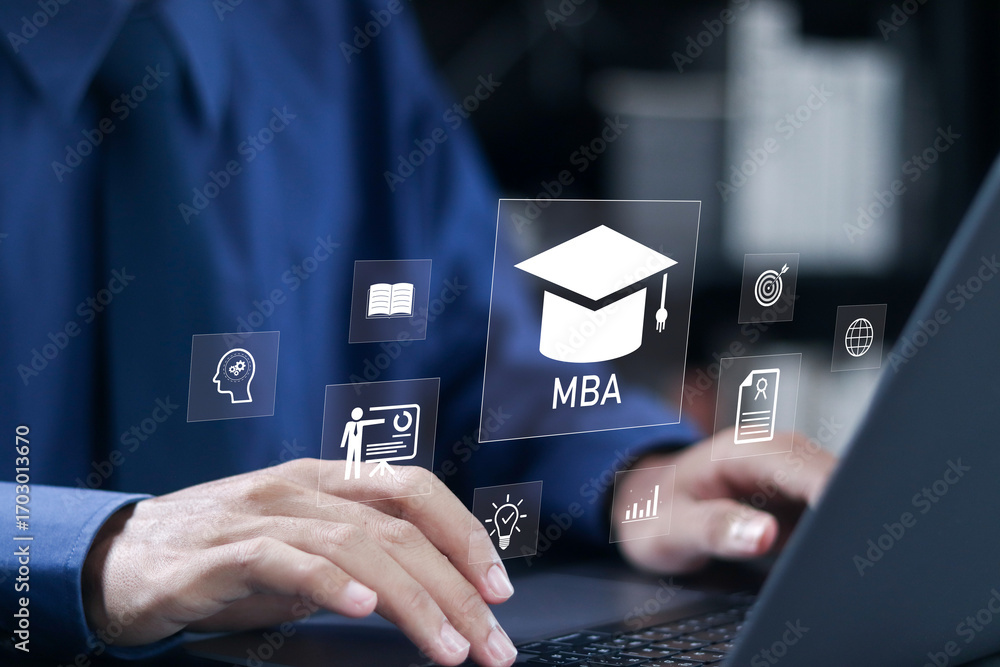 Poster mba program concept. master of business administration, business and management skills development c