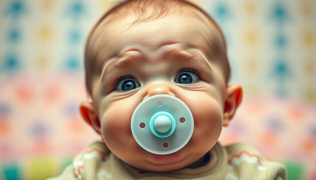 A cherubic infant with a pacifier, making a funny face,  cute,  carefree