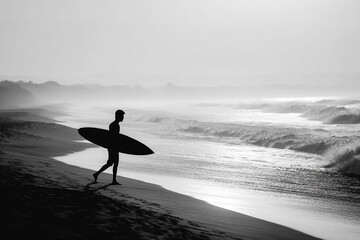 Monochromatic surfer silhouette on foggy beach near cresting wavescape