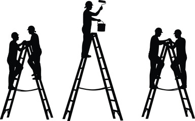 Silhouette of workers painting and collaborating on ladders wearing helmets, teamwork, construction, maintenance, safety, and industrial work concept. © Creatives Sakib
