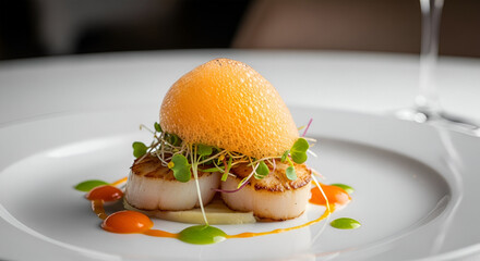 Stock photo of close-up molecular cuisine with edible foam topping on gourmet dish, creative fine dining presentation