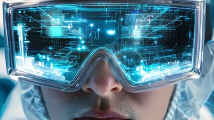 scientist wearing AR glasses with digital hologram interface - Powered by Adobe
