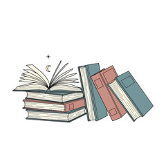 Whimsical sketch of a library collection, with an open book telling a magical bedtime story under the stars and moon