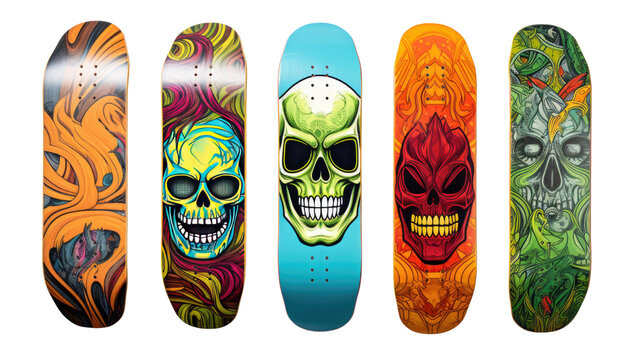 Set of colorful skateboard decks with skull artwork and abstract graffiti patterns isolated on white background - Powered by Adobe