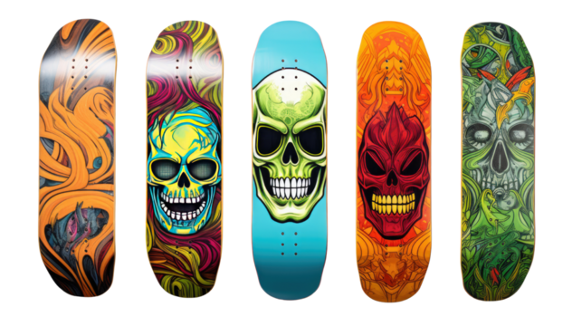 Set of colorful skateboard decks with skull artwork and abstract graffiti patterns isolated on white background
