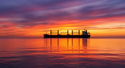 Majestic Cargo Ship Silhouetted Against Vibrant Sunset Over Calm Waters with Colorful Sky Reflections