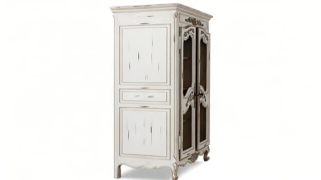 Elegant Antique White Armoire with Distressed Finish and Glass Doors