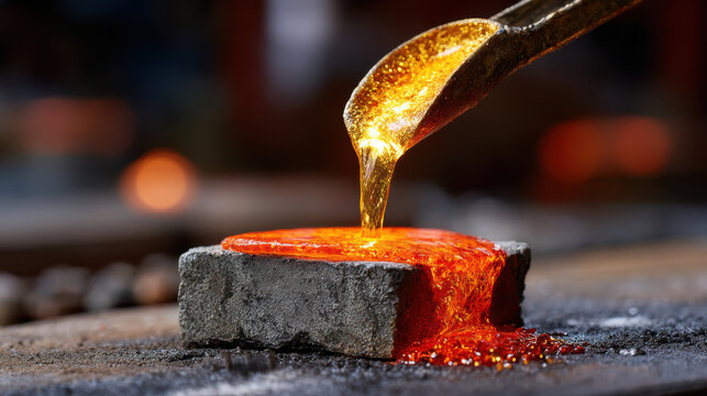 Molten gold pouring into mold with price surge effect creating glowing and intense metal casting scene
