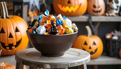 Halloween candy bowl in room with jack-o'-lanterns