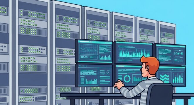 Data center operator monitoring servers and network performance metrics - Powered by Adobe