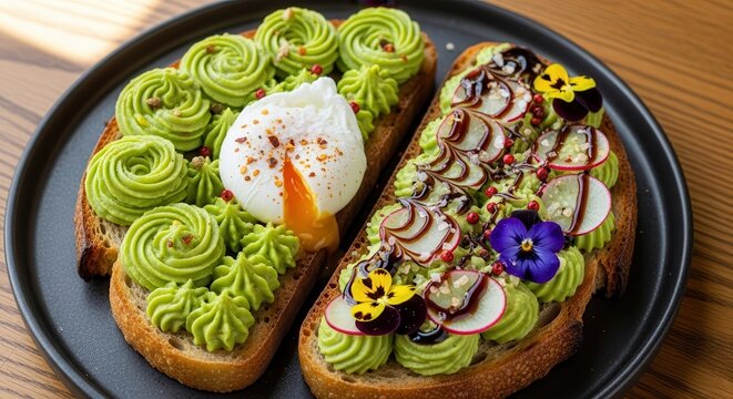 Artistic avocado toast creations presented as healthy culinary gourmet