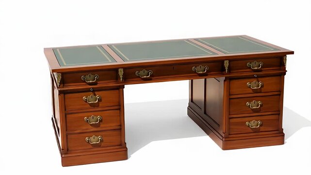 Elegant Wooden Pedestal Desk with Green Leather Inlay Top on White Background
