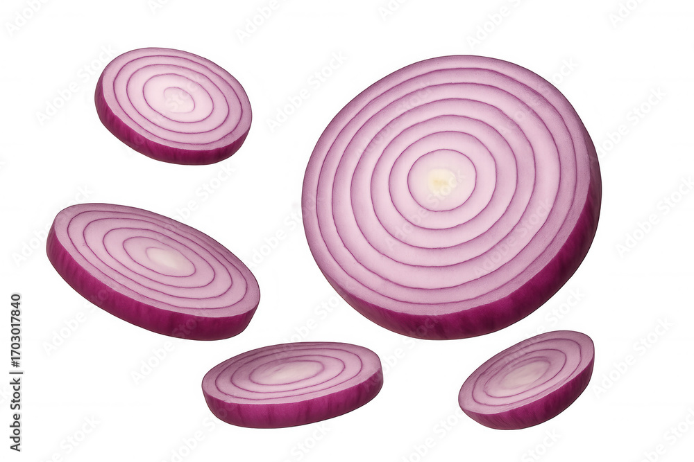 Poster freshly sliced red onions are falling against a transparent background, creating a dynamic culinary 
