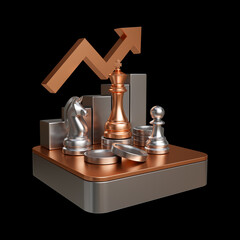 Bronze and Silver Chess with coin and Business Growth graph,  representing success, innovation, and financial growth on black background. 3D render