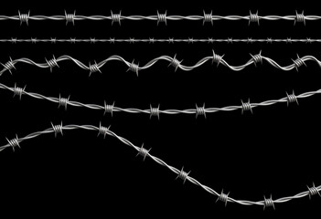 Barbed wire , horizontal seamless pattern isolated on black background. Metal protective barrier with sharp barbs for industrial and agricultural fencing, 3d render
