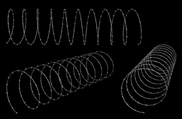 Barbed wire isolated on black background. Metal protective barrier with sharp barbs for industrial and agricultural fencing, 3d render