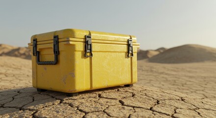 Bright Yellow Storage Case in a Dry Desert Landscape Under Clear Sky