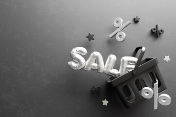 Bubble text SALE in shopping basket with percentage symbols and stars on textured gray background. 3d render
