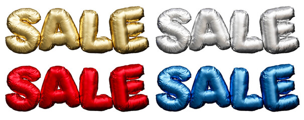Gold, Silver, Red, Blue balloon text SALE isolated on white background, 3d render