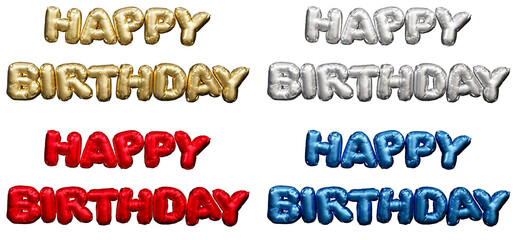 Gold, Silver, Red, Blue balloon text HAPPY BIRTHDAY isolated on white background, 3d render