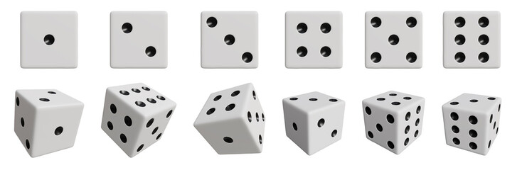 White dice isolated on white background, Gambling Game Dice with Random Numbers of Black Dots Set. 3d render
