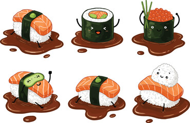 Cute animated sushi characters in soy sauce puddles, kawaii sushi illustrations, playful sushi rolls and nigiri with faces, fun food art