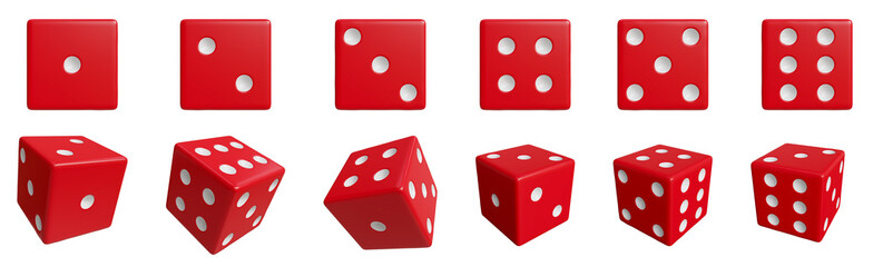 Red dice isolated on white background, Gambling Game Dice with Random Numbers of Black Dots Set. 3d render