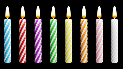 realistic striped colorful candles isolated on black background . Holiday candles with burning flames in night, candlelight on wicks, 3d render
