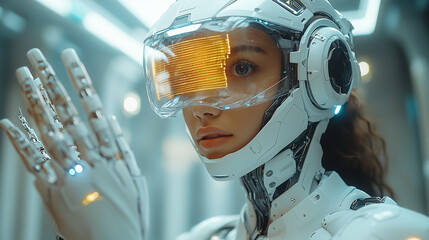 Future Explorer: A futuristic figure in a sleek, advanced spacesuit, her hand raised in a gesture of wonder, exploring the technological frontiers of tomorrow.