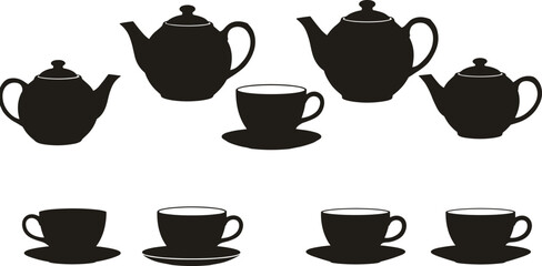 Silhouette vector set of vintage teapots and teacups for tea party, café, kitchen, and retro design themed projects.