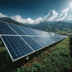 Sustainable Power: A detailed view of solar panels on a lush green field, capturing the essence of renewable energy under a beautiful sunny sky and the distant mountain landscape.
