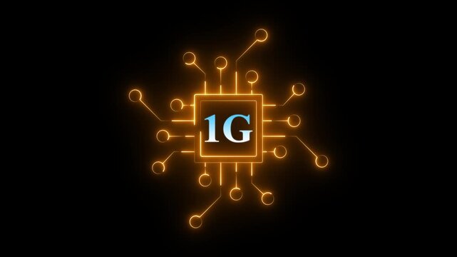 digital chip with 1G text, futuristic processor icon animation on black background, circuit network technology, telecom speed generation concept