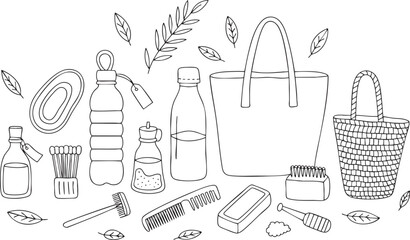 Hand Drawn Collection of Eco Friendly Personal Care and Shopping Items Keywords: personal care, eco friendly, reusable, zero waste, shopping bag, tote