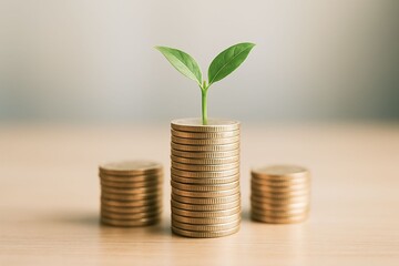 A small plant growing on stacked coins, symbolizing savings, financial growth, and sustainable investment for a brighter future.