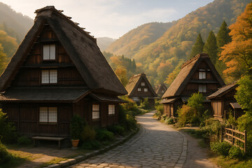 Japanese mountain village with traditional gassho-zukuri style wooden houses, surrounded by green forested mountains, historic rural countryside architecture, authentic Japan cultural heritage site