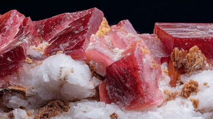 Red rhodochrosite mineral specimen with minor white fluorite from Uchucchacua Mine, Oyón, Peru, extreme close-up showing crystal structure and texture for scientific and geological research purposes