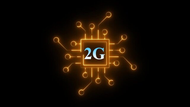 digital chip with 2G text, futuristic processor icon animation on black background, circuit network technology, telecom speed generation concept